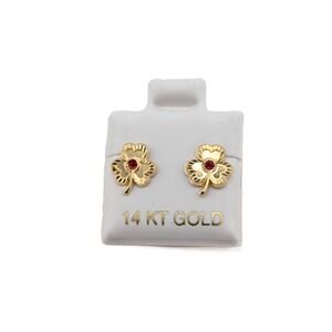 14K Solid Gold Three Leaf Clover Stud Earrings with Red CZ Shamrock jewelry